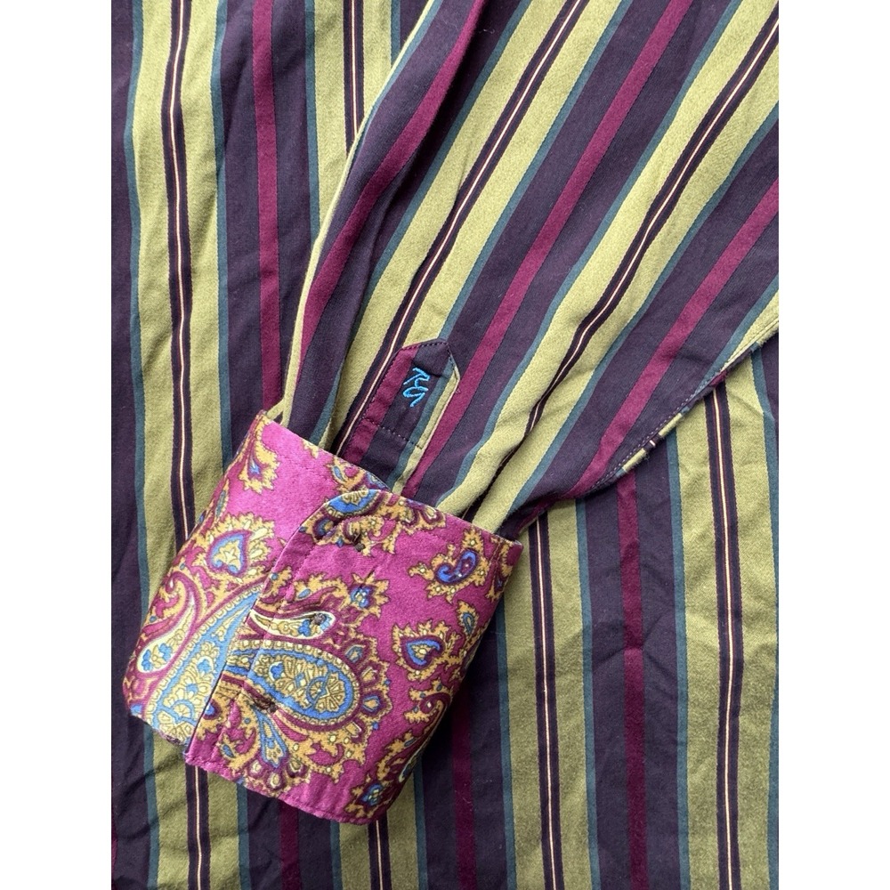 Robert Graham Shirt Mens Large Green Burgundy Striped Flip‎ Cuff Luxury Preppy - Picture 7 of 10